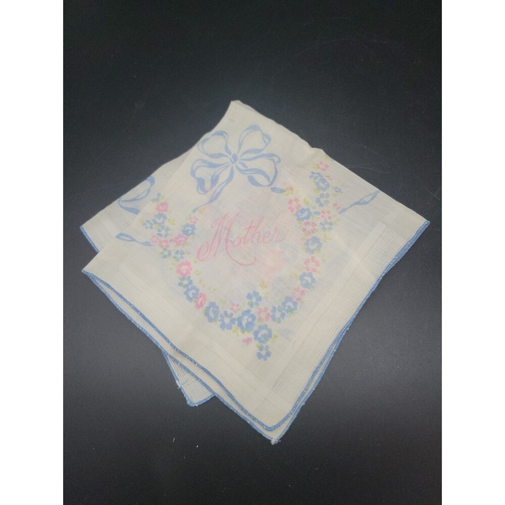 Vintage "Mother"Blue, Pink And White Flower Sheer Hankerchief Blue Edge